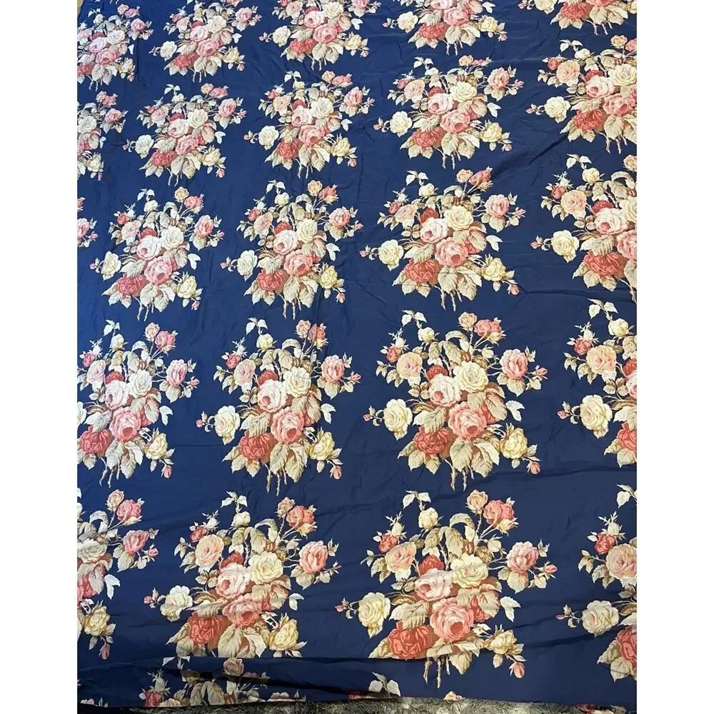 Vtg Ralph Lauren Winslow Full Flat Sateen Sheet Navy Blue With Roses Floral